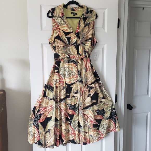 Nicole Miller Linen Blend NWT Sleeveless Dress Sz 14 Tropical  Leopard Print #54 - Picture 2 of 7